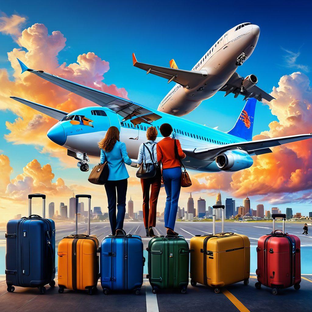 A dynamic composition featuring a diverse group of travelers boarding an airplane, each displaying excitement and curiosity. Capture iconic elements of air travel, like luggage, boarding passes, and the airport skyline in the background. Include vibrant clouds and a brilliant blue sky to evoke a sense of adventure. Emphasize the joy of journeying and discovery that awaits travelers. vibrant colors. super-realistic.