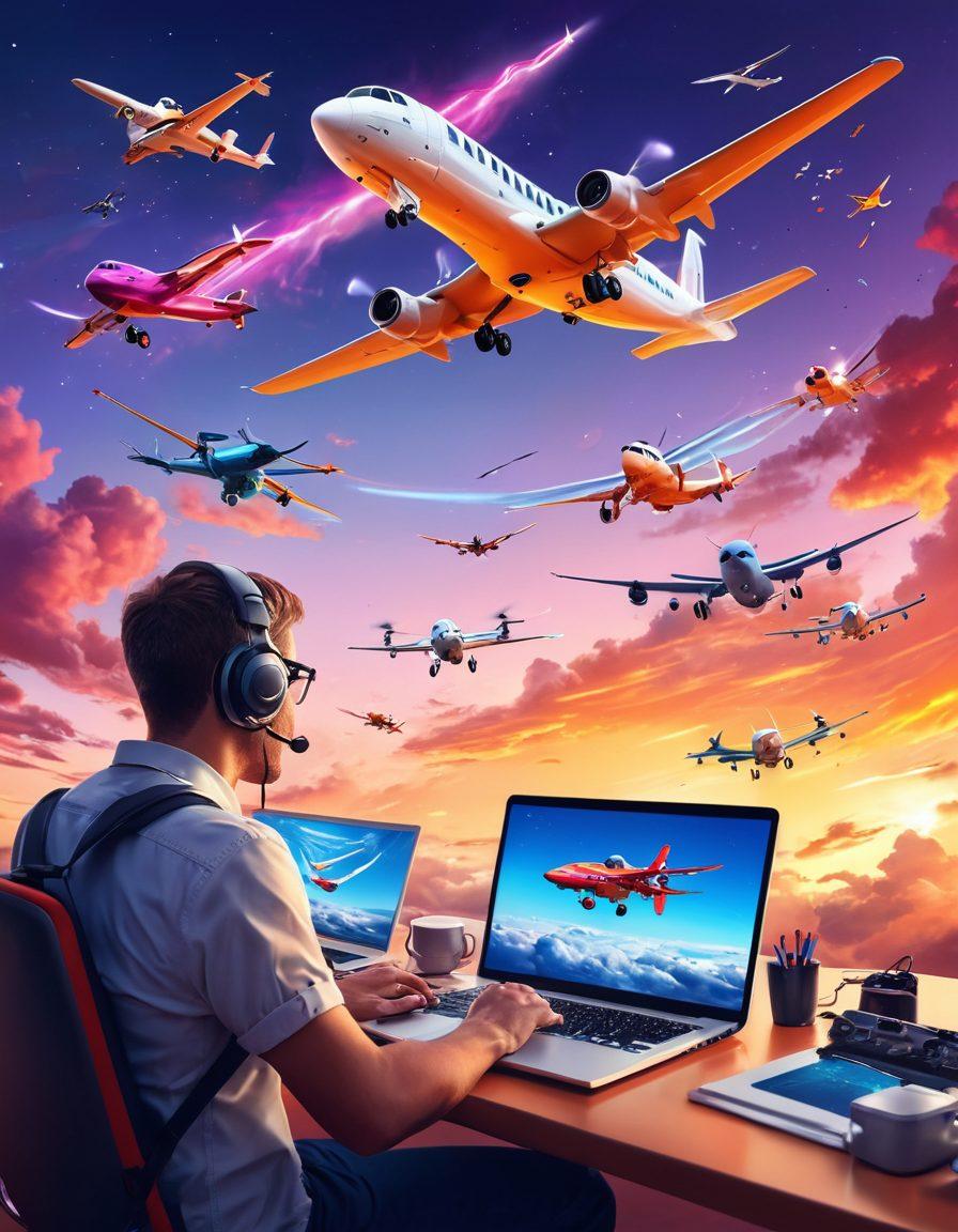 A panoramic view of a vibrant, digital sky filled with colorful drones and creative aviation-themed icons like airplanes and clouds flowing around. In the foreground, an enthusiastic content creator with a laptop, capturing the magic of flight, surrounded by tools like cameras and editing software. The sky should blend elements of both creativity and aviation, showcasing a harmonious blend of technology and passion for flight. vector art. vibrant colors.