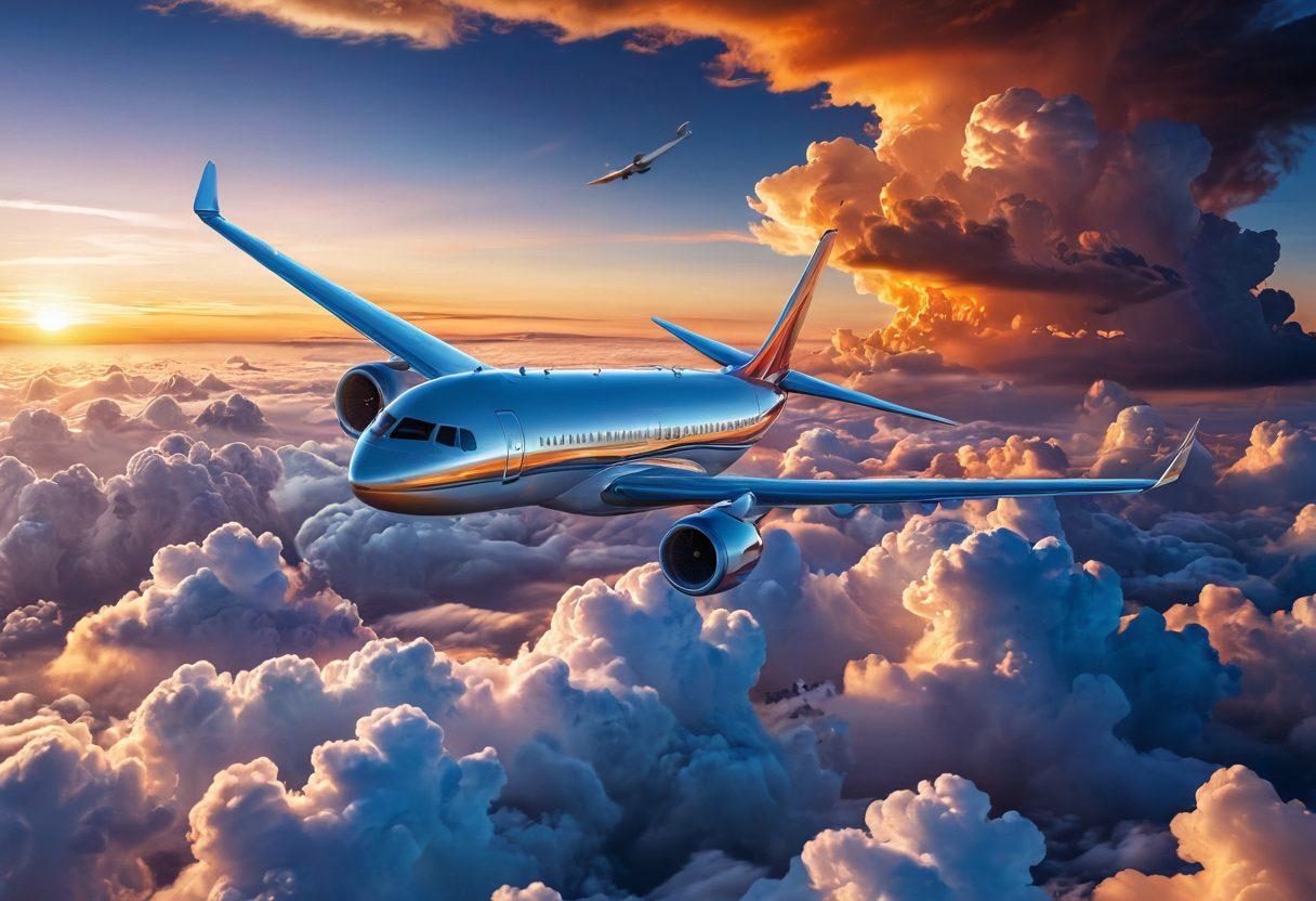 A captivating aerial view of a majestic airplane soaring above fluffy clouds, with a radiant sunset in the background casting warm hues across the sky. Below, a digital landscape filled with vibrant icons representing various content mediums like blogs, videos, and podcasts, seamlessly blending into the aviation theme. Evoke a sense of creativity and inspiration for aviation content creation. super-realistic. vibrant colors. cinematic atmosphere.